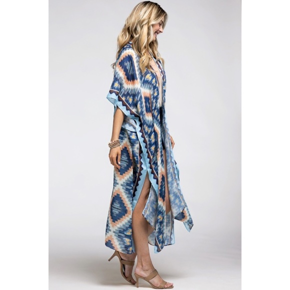 Blue Navy Multi Long Open Front Aztec Tribal Pattern Kimono Wrap Coverup Top - Picture 2 of 3